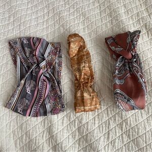 Bundle of 3 Paisley & Bandana Print Headwraps Headbands Brown Satin Boho Western